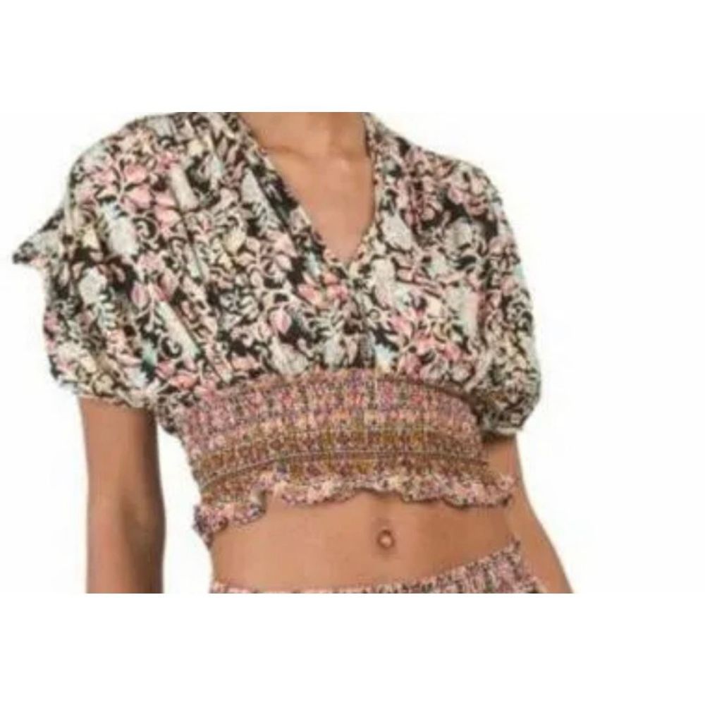 Rachel Zoe Floral Smocked Crop Blouse - Black, Pink, White